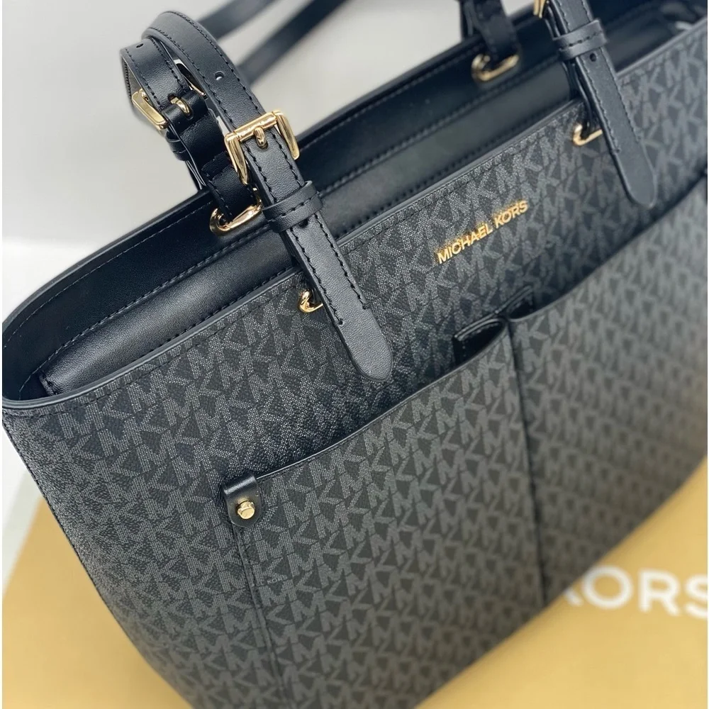 Michael Kors Jet Set Medium Double Pocket Tote Shoulder Bag Black